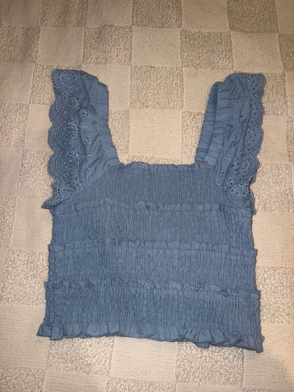 Smocked Eyelet Ruffle Tank Top - Blue